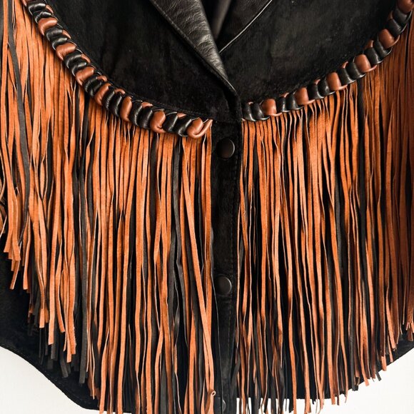 Vintage Diamond Leather Cropped Fringe Black Brown Suede Jacket L - Picture 7 of 12